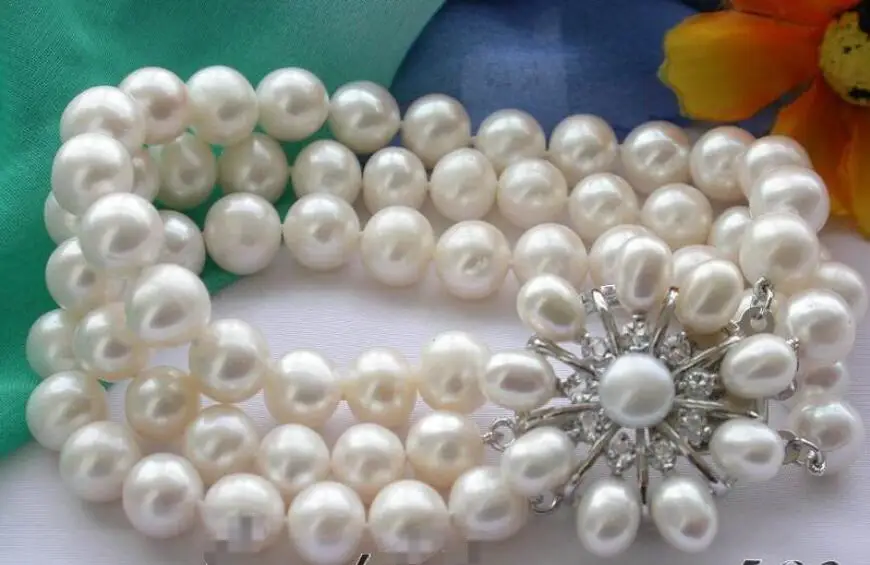 

Hot sale new Style >>>>>Z3025 REAL 3row 8" 10mm white round freshwater pearl bracelet bang