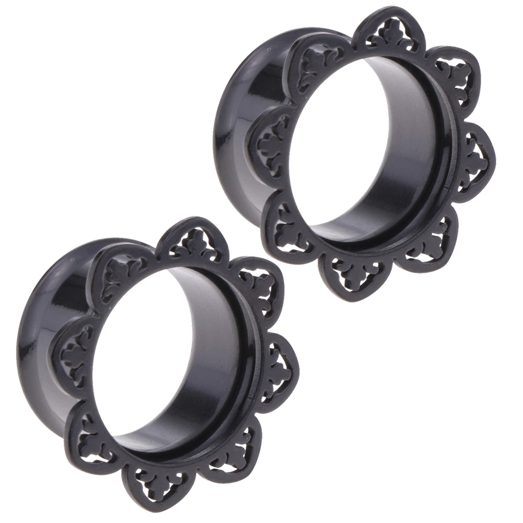 2Pieces Black Flower Stainless Ear Flesh Tunnels Flared Earrings Gauges 8mm