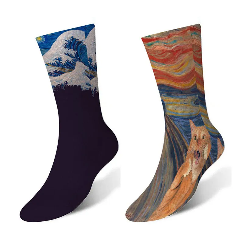 1 пара, Осень-зима, женские длинные хлопковые носки, искусство, забавная известная картина маслом, креативные Дышащие носки, женские носки meias 6S-ZWL23