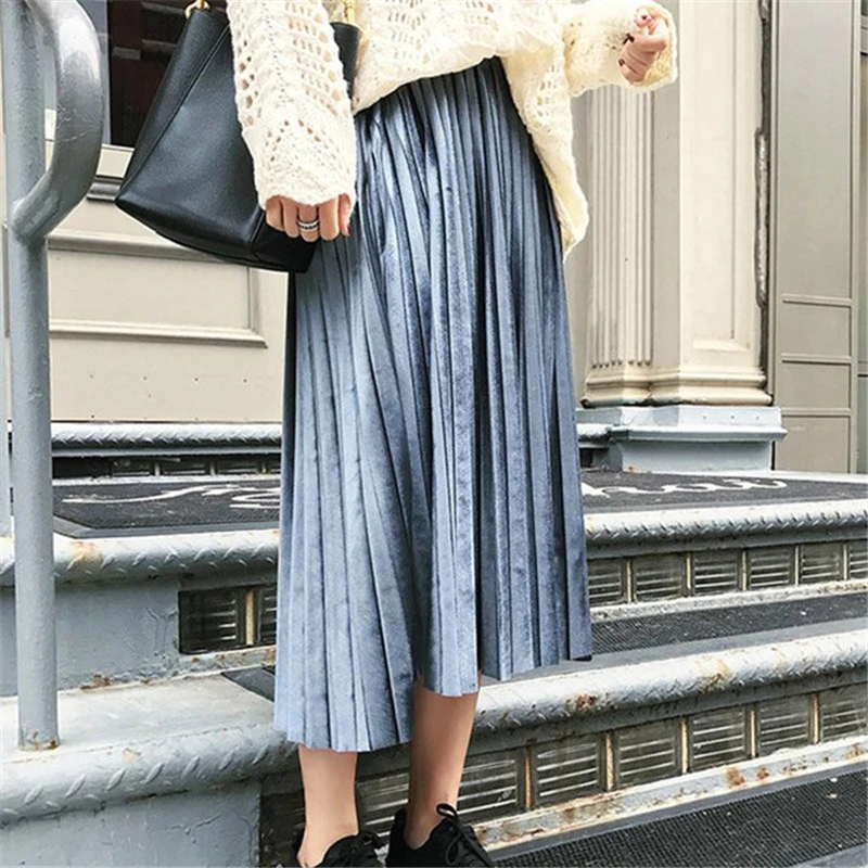 2018 moda mujer Sexy largo Maxi faldas lápiz negro mujer Otoño Invierno Midi de cintura alta falda de terciopelo plisado|Faldas| - AliExpress