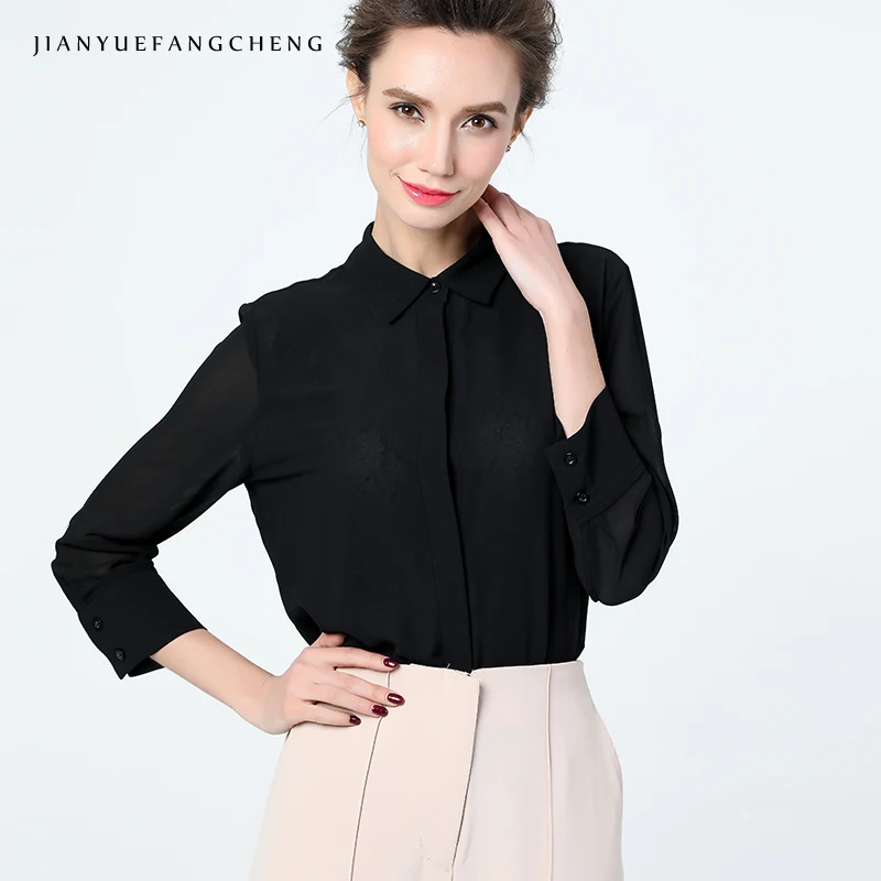 

New 2019 Spring Summer Blouse Women Chiffon Shirts Plus Size Black Shirt Loose Turn-Down Collar Ladies Office Tops and Blouses