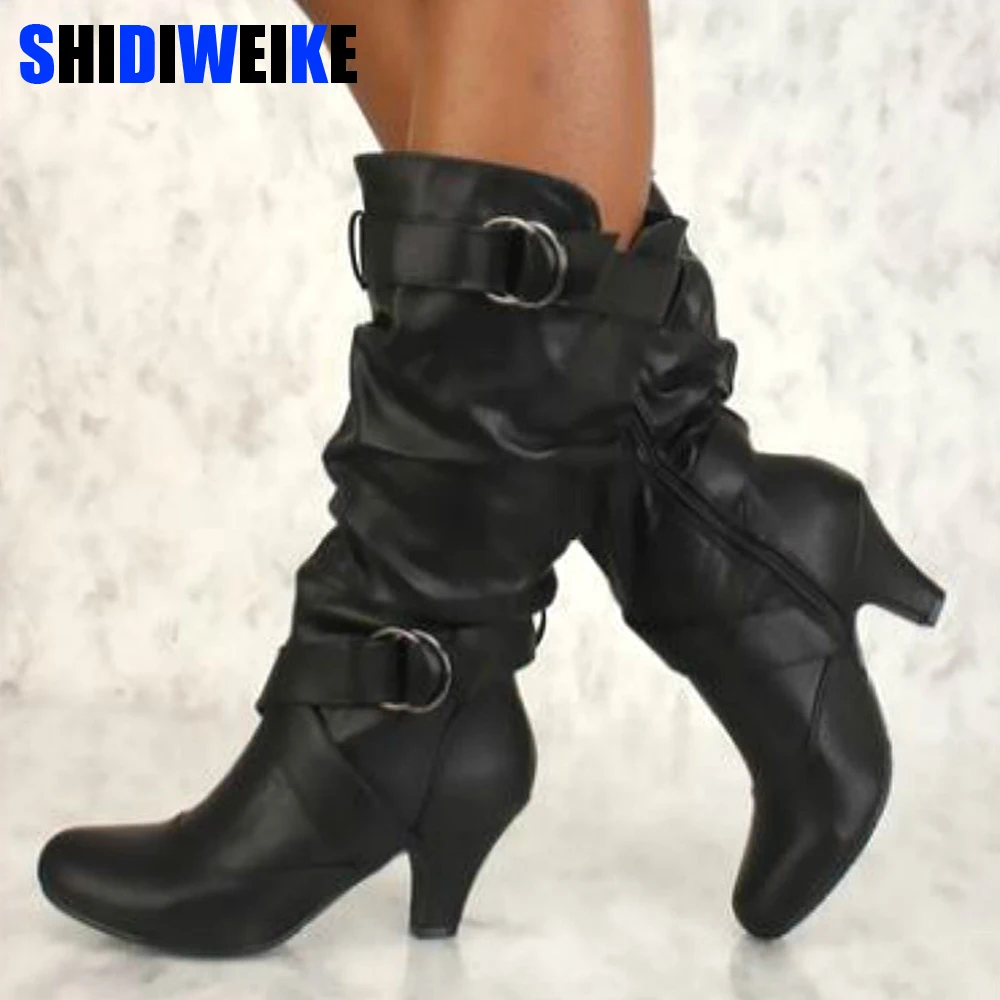 

2019 Women Knee High Boots Vintage Low Thick Heel Spring Autumn Shoes Round Toe Less Motorcycle Boots Big Size 34-43