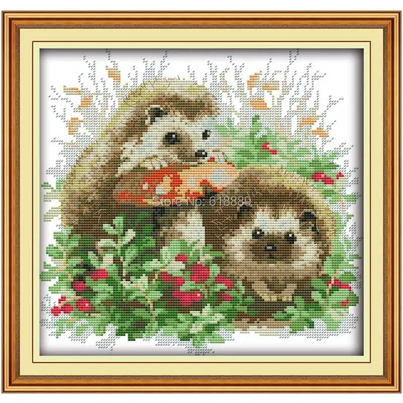 Cross Stitch Kit Hedgehog and Mushroom Counted Cross Stitch 11CT 14CT Cross Stitch Set Animal Cross-stitch Kits Embroidery Needlework