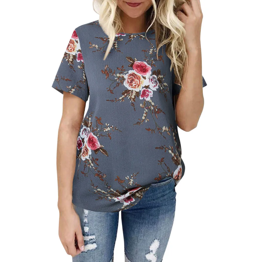 

Women T Shirt Fashion Ladies Chiffon Sexy Casual Floral Printing T-shirt Short Sleeve O-Neck Tops Camisa Femenina #YY