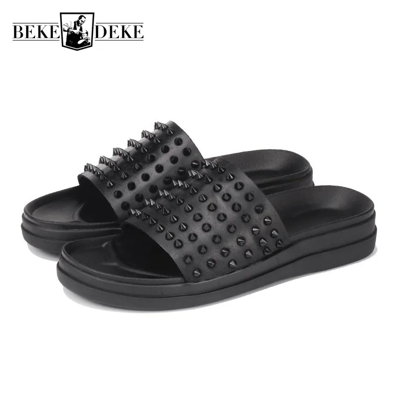 

Rivet Platform Cow Leather Sandalias Hombre Summer Breathable Beach Male Slides Slippers Flats Black Casual Brand Sandals Men