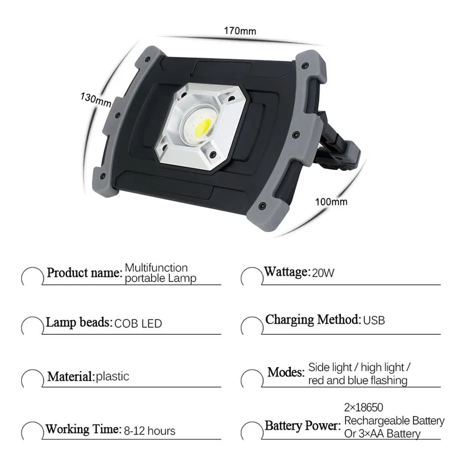 20 Вт COB светодиодный рабочий свет 400 люмен портативный светодиодный фонарь USB Перезаряжаемый наружный прожектор рабочие огни AA 18650 фонарь на батарее