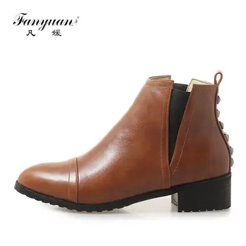 

Fanyuan Comfort Winter warm Slip on Chelsea Boots Women Black Rivet Thick Heel Ankle Boots Solid Ladies Shoes Bota Feminina
