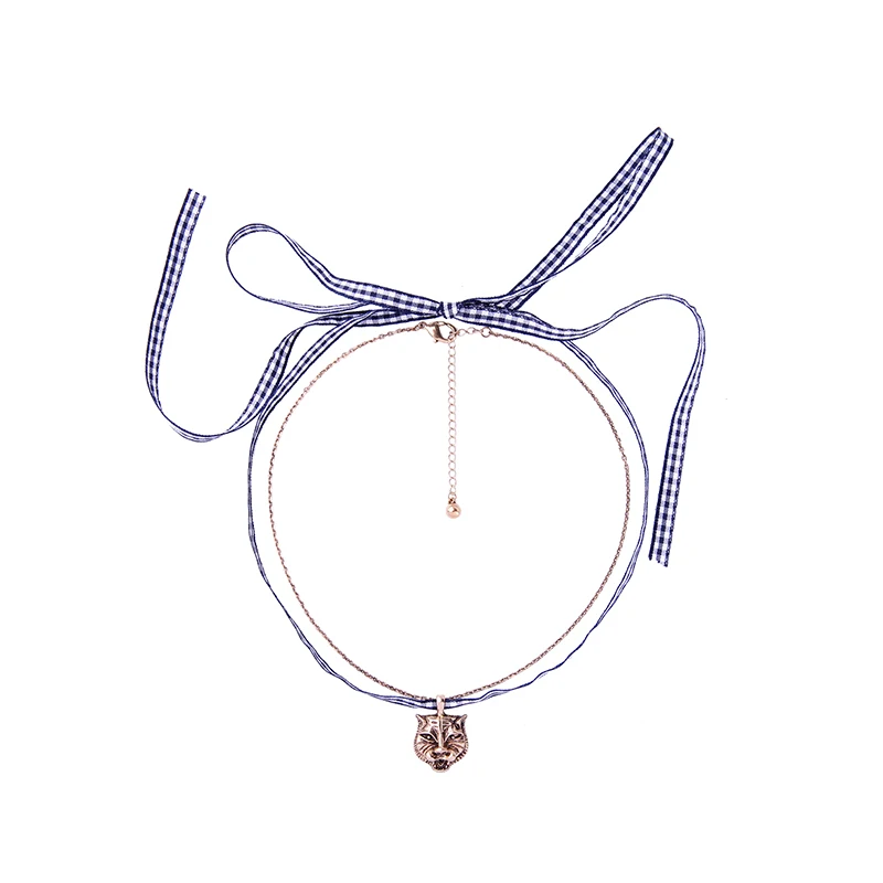 

Fashion 2018 Ethnic Gold Color Blue/Red/Black Crystal Cat Necklace Unique Long Plaid Tape Adjustable Necklace Jewelry Gift