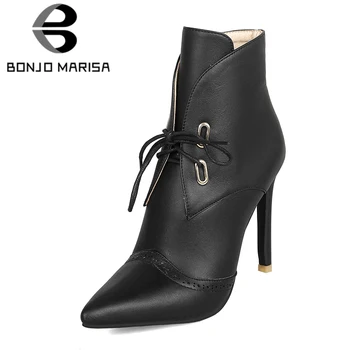 

BONJOMARISA Large Size 32-44 Brand Mature Pointed Toe Ankle Boots Women Autumn Winter 2020 Black High Thin Heels Shoes Woman