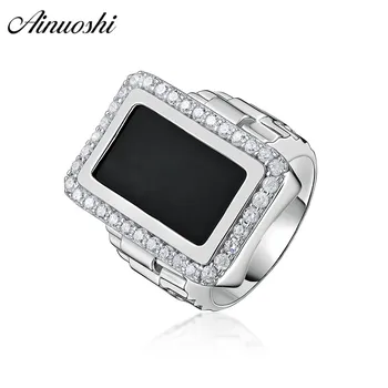 

AINOUSHI Trendy 925 Sterling Silver Wedding Engagement Black Rectangle Halo Rings Male Silver Anniversary Party Big Ring Jewelry