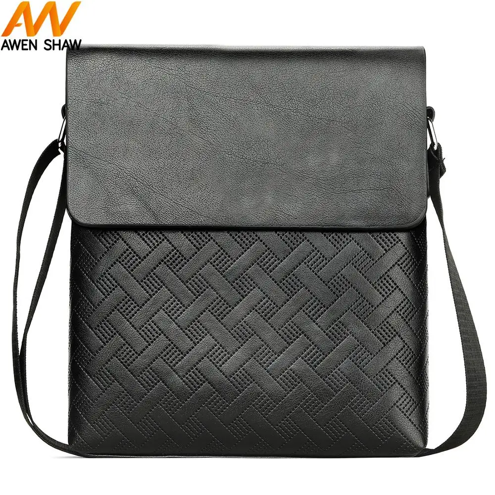 

Awen Shaw New Arrival Fashion Geometric Pattern Mens Black Leather Messenger Bag Simple Design Cross Body Side Bags Shoulder Bag
