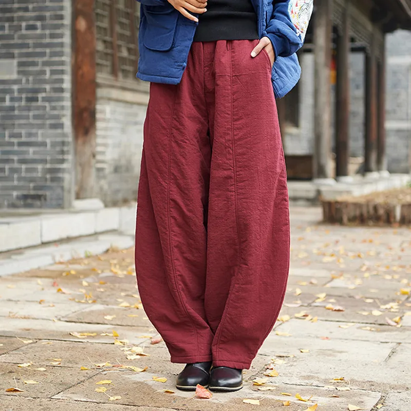 

Johnature New Vintage Elastic Mid Waist Solid Color Loose Full Length Pants 2019 Winter Cotton Linen Warm Women Lantern Pants