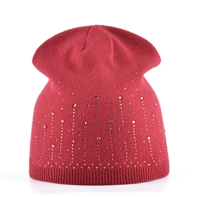 Мода г. шапки бини шапки Шапки женская зимняя шапка для девочек, плотная зимняя одежда с заячьими шерстяные шапки для женщин, вязаные головные уборы skullies капот femme ladies Стразы кепки - Цвет: red3