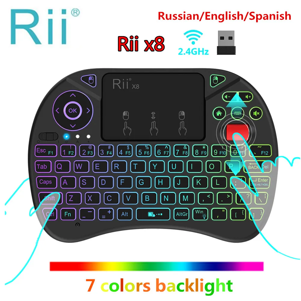 Оригинальная Беспроводная мини-клавиатура Rii x8 с RGB подсветкой i8x 2,4G Fly Air mouse, русская испанская сенсорная панель, игровая для Android tv BOX PC