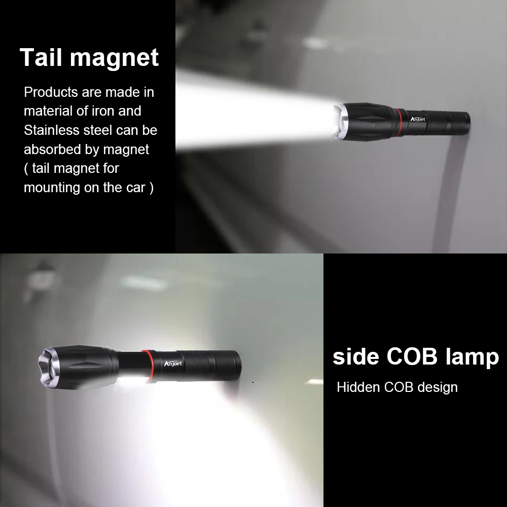 Anjoet светодиодный тактический фонарь боковая COB лампа дизайн T6 масштабируемый фонарь Магнитный 6 световых режимов для аккумулятора 18650 +