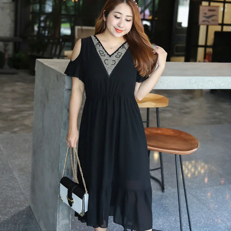 

2019 Summer Women Black Casual Chiffon Diamonds Long Dress Plus Size V-Neck Tunic Loose Evening Party Big Size 3XL 4XL Dresses