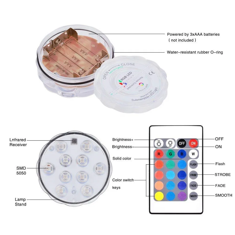 4PC 10-LEDs Underwater lamp IP68 Waterproof Multi Color Battery Operated Remote Control   lights for Hot Tub,Pond,Pool
