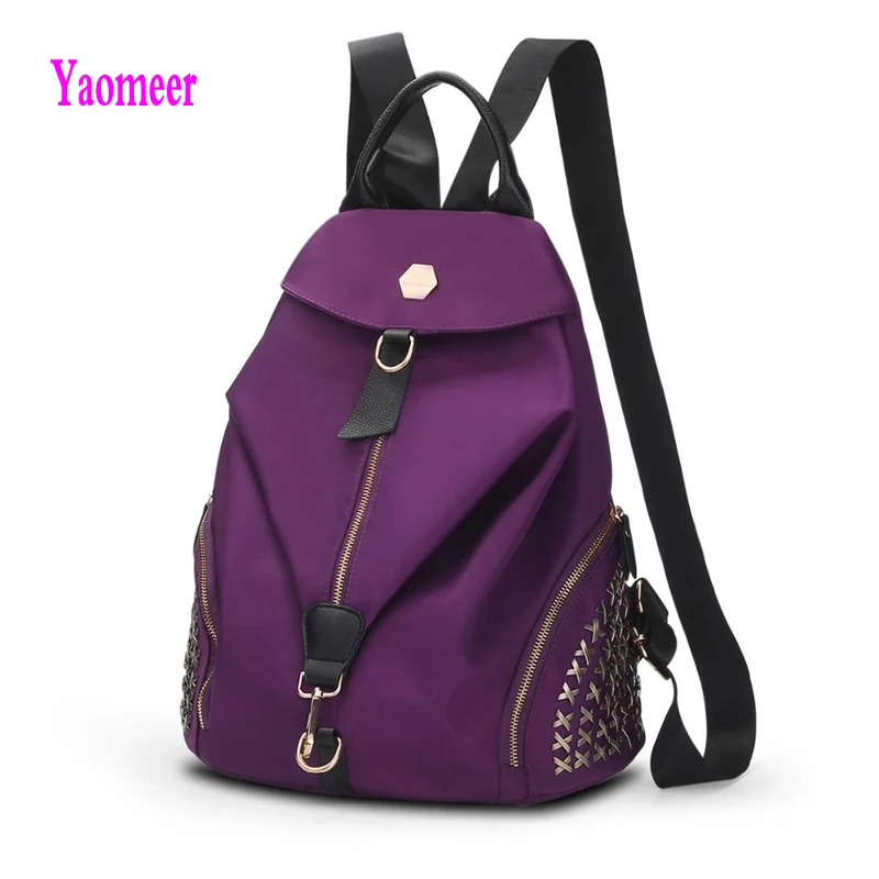 

2016 High Quality Women Nylon Backpacks Famous Design Brand Lady Red Rivet Button Hasp Shoulder Bags Fashion Solid Satchel Q45