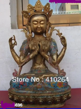 

Tibet Bronze cloisonne Four-arm Hands Avalokitesvara Kwan-Yin Buddha Statue
