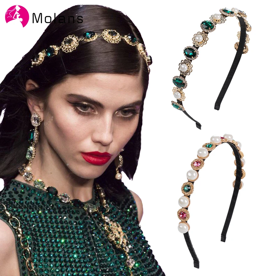 

Molans Pearl Gemstone Metal Headbands Temperament Goddess Crown Hairbands Rhinestones Alloy Slim Hair Hoop Girls Hair Ornaments