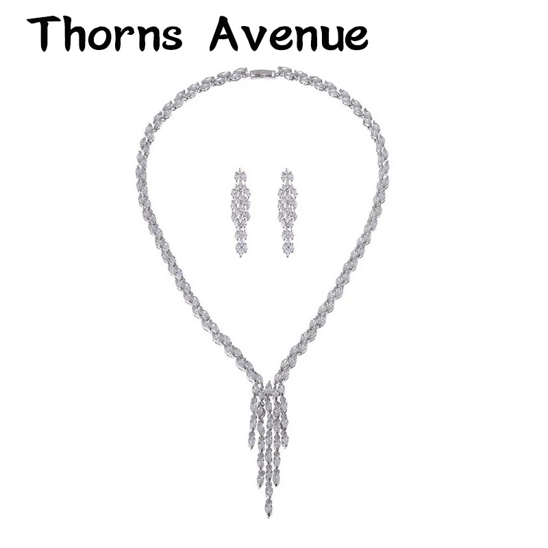 

New Fashion White Color Leave Stainless Steel AAA CZ Necklace + Earrings Bridal Wedding Statement Jewelry Sets For Women Party