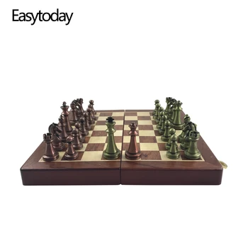 

Easytoday International Chess Wooden Games Set Metal Chess Pieces Solid Wood Chess Board Entertainment Table Game Gift