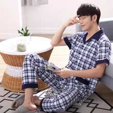 Новое лето хлопок полосатый короткий топ+ длинные штаны Для мужчин пижамы комплект отложной воротник кардиган Повседневное большой Размеры L-XXXL пижамы