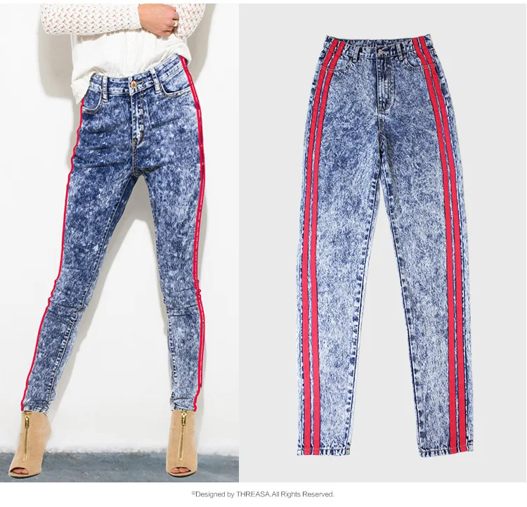 Красная полоса Mom Jeans высокой талией свободные Прямые джинсы снежинка Цвет деним панелями сплайсированные уличные женские брюки загрузки