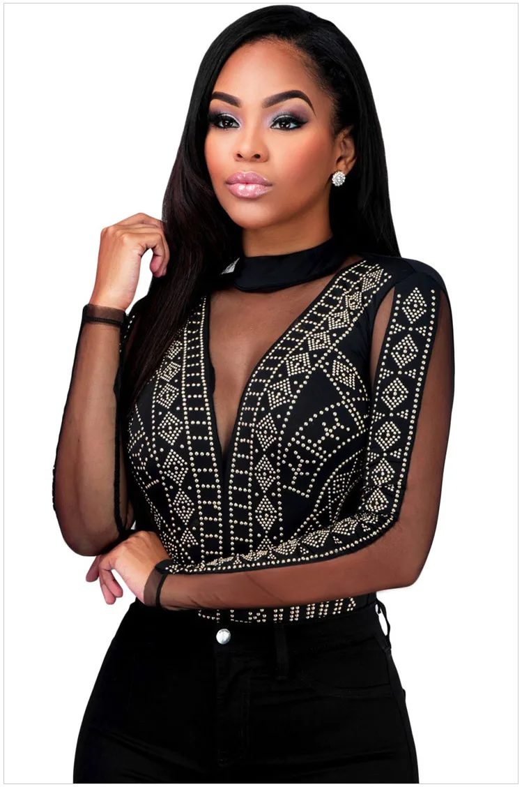 Sexy Mesh Turtleneck Bodysuit Leotard Women Jumpsuit Playsuit One Piece