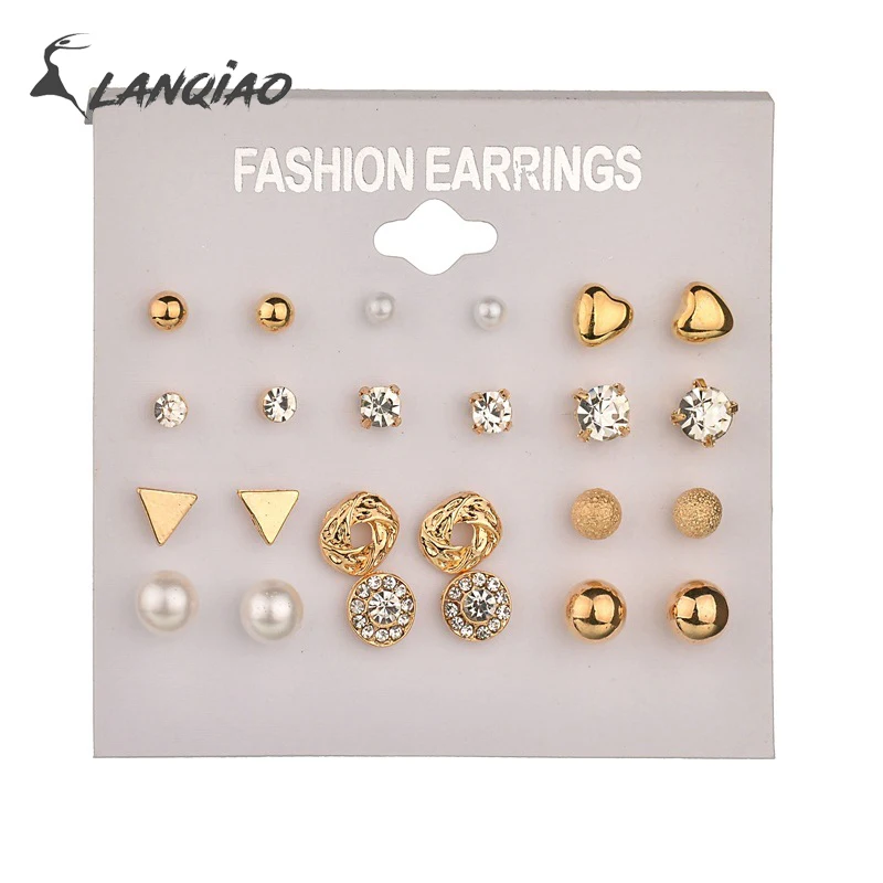 

Fashion 12 Pairs/set Women Imitation Pearl Crystal Chain Studs Earrings Girls Elegant Heart Shaped Silver Gold Circle Ear Gift