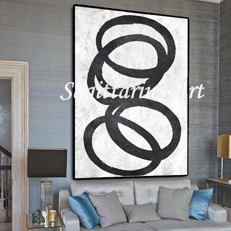 

Hand made Contemporary Abstract Modern Black And White Abstract circles Oil Paintings Canvas Wall Art Home Decoration Fine Art