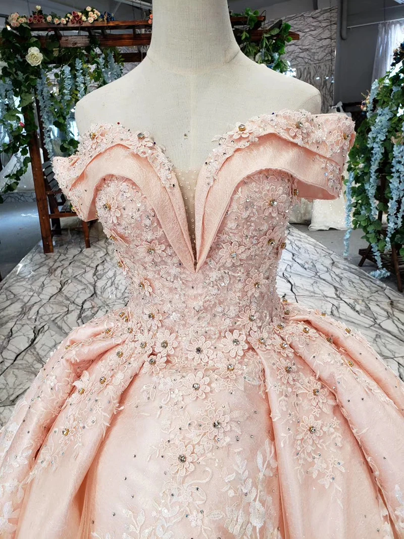 HTL154-2 pink bride dress party brush train off shoulder sweetheart crystal lace evening gown dresses kleider damen abendkleid (9)