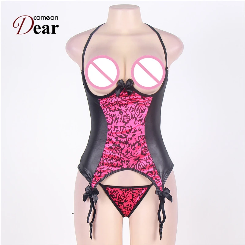 Comeondear Pole Dance Plus Size Lenceria Sexi Para Mujer Open Bra Lingerie Woman RB70134 Leather Halter Open Cup Bustier
