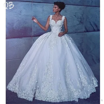 شراءالإمبراطورية الحبيب منفوش تنورة 3D الزهور الدانتيل الديكور الفاخرة مسلم فساتين الزفاف Vestidos دي Novia مخصص DW234