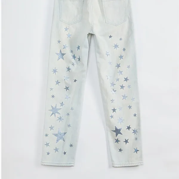 Новинка; повседневные свободные прямые джинсы с пятиугольными звездами в американском стиле; Детский Светильник; модные Стрейчевые брюки с цветным принтом