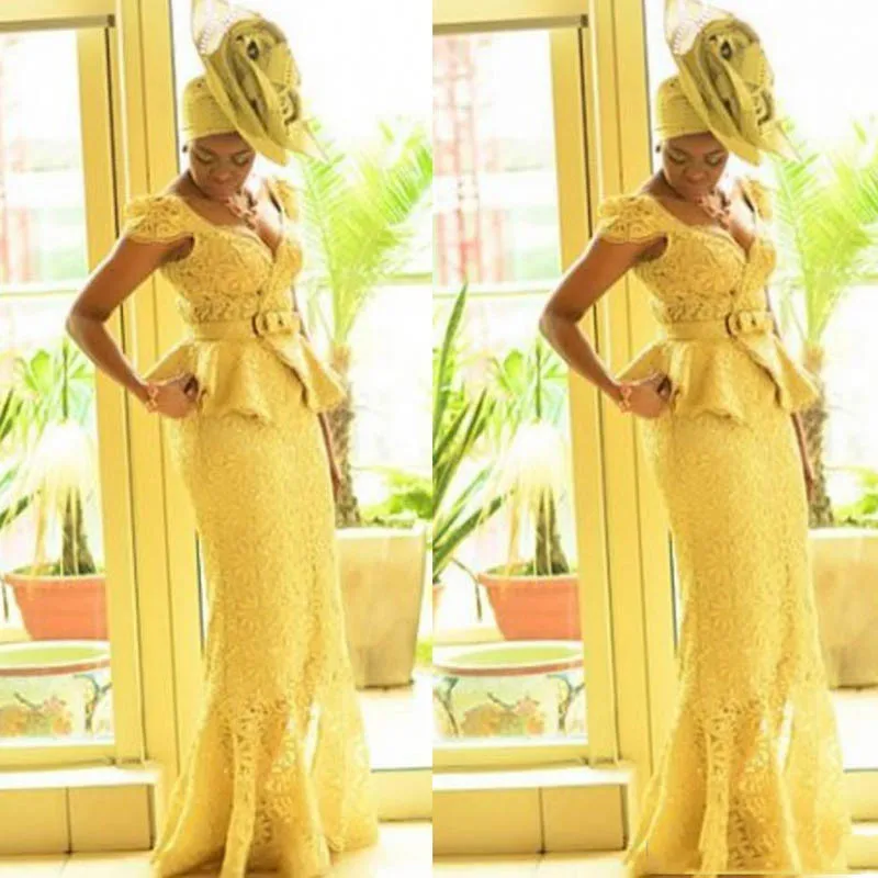 Aso Ebi Style African Women Prom Dresses Yellow Lace Mermaid African Prints Braids Nigerian Evening Gowns Ghanaian Fashion Prom Dresses149