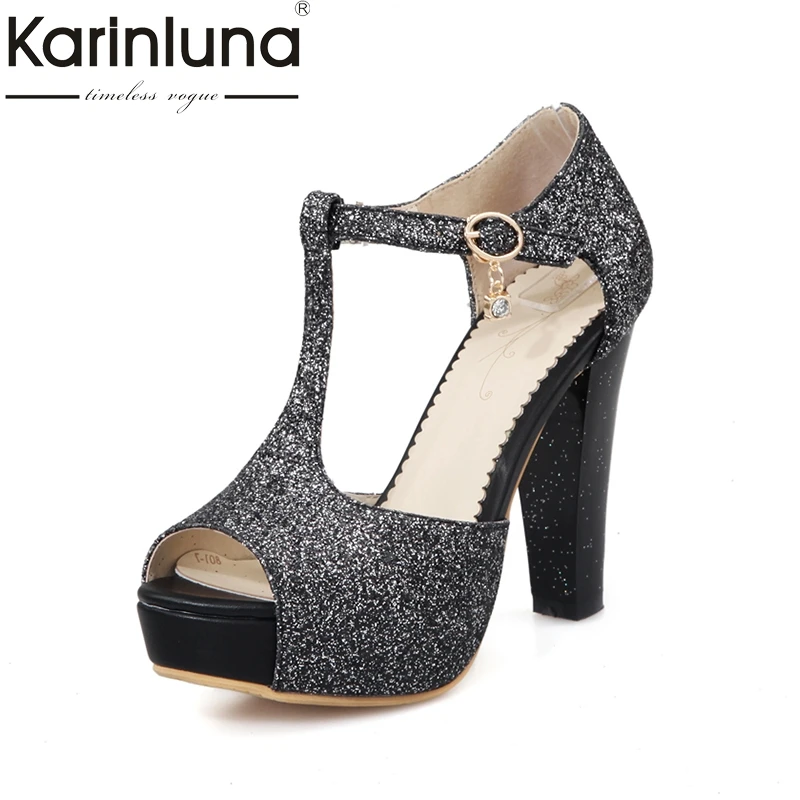 

Karinluna plus size 31-42 bling upper t-strap sandals women shoes fashion peep toe platform party weding high heels shoes woman
