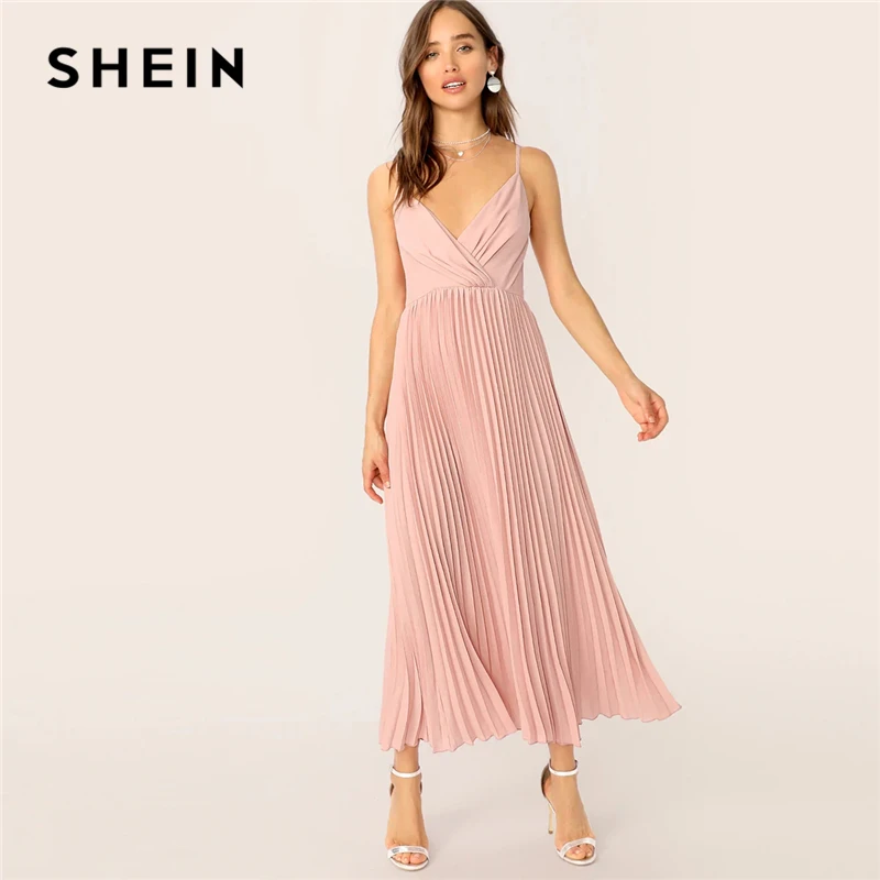 

SHEIN Surplice Neck Pleated Cami Dress Summer Fit And Flare Dress Pink Pastel Romantic Women Sleeveless Spaghetti Strap Dresses