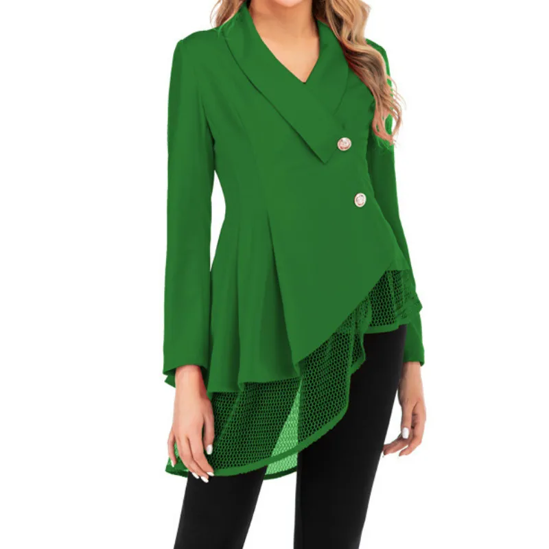S-3XL Women New Mesh Hem Fashion Work Office Suit Fashion Long Sleeve V Neck Formal Red Black Elegant Office Lady Blazers Top