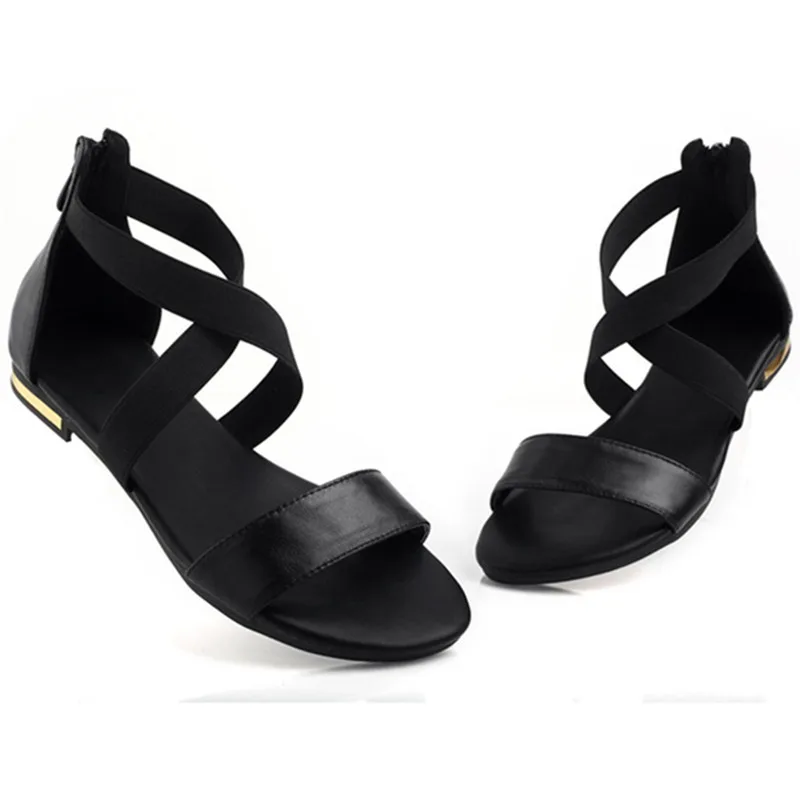 

Dropshipping 2019 Genuine Leather Women Sandals Hot Sale Fashion Summer Sweet Flats Heel Women Sandals Ladies Shoes Black