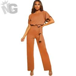 Women Solid Color Belt Jumpsuit Clubwear Casual Round Neck Short Sleeve Jumpsuit 2019 Female Summer High Waist Trousers Wide Leg Women Solid Color Belt Jumpsuit Clubwear Casual Round Neck Short Sleeve Jumpsuit 2019 Female Summer High Waist Trousers Wide Leg