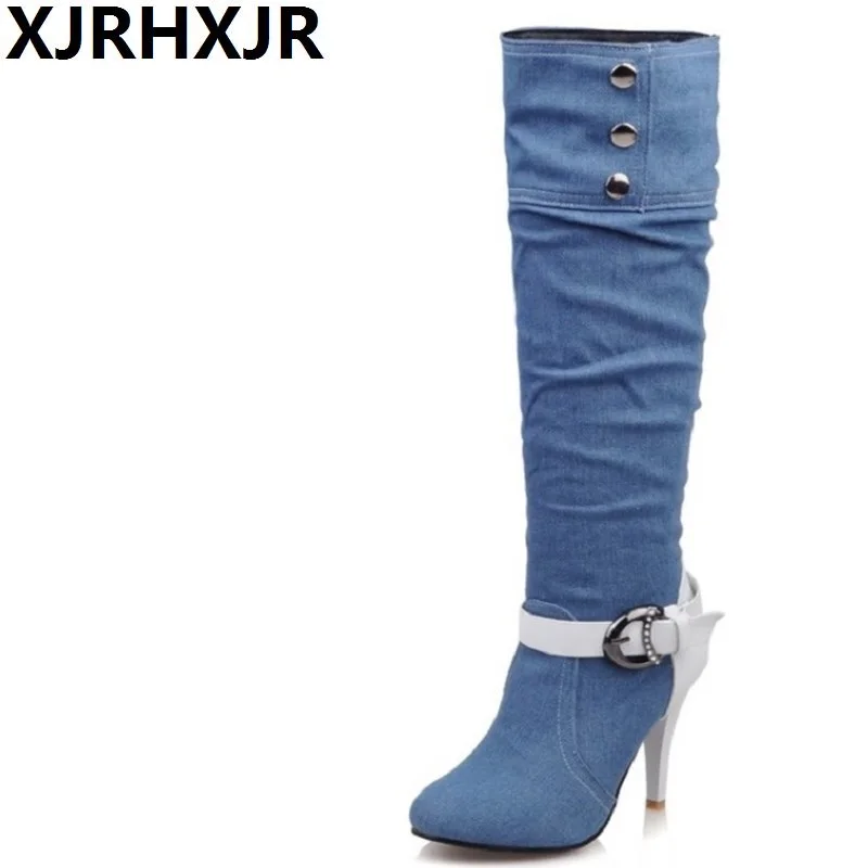 Женские джинсовые сапоги до колена с острым носком на высоком каблуке|boots ladies|knee