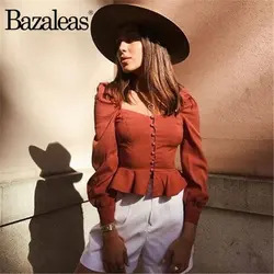 Bazaleas оборками Женские топы и блузка модная блузка с низким вырезом на спине винтажный буф рукавом blusas Повседневное квадратным вырезом