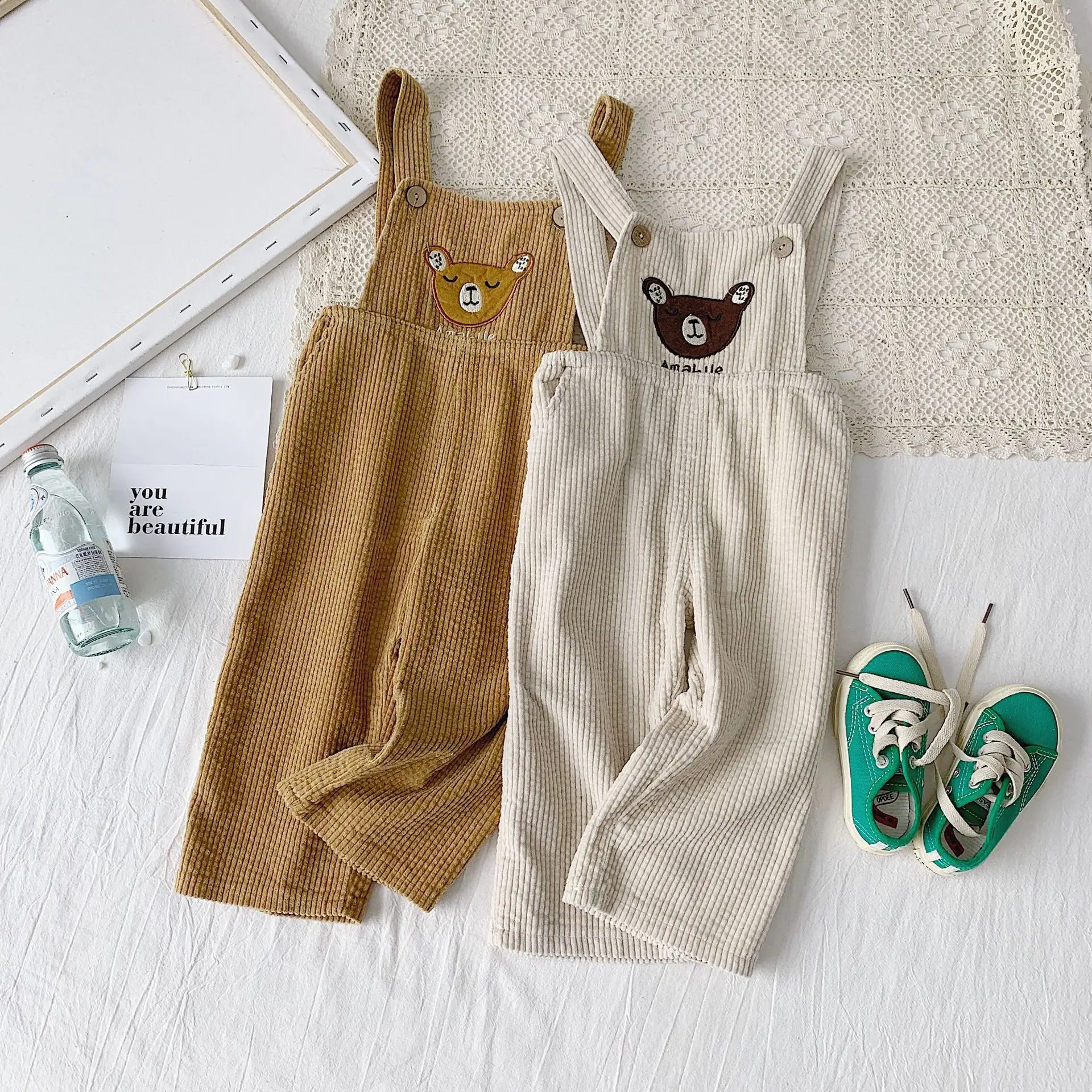 autumn baby boys and girls pants cute bear corduroy overalls kids bib pants