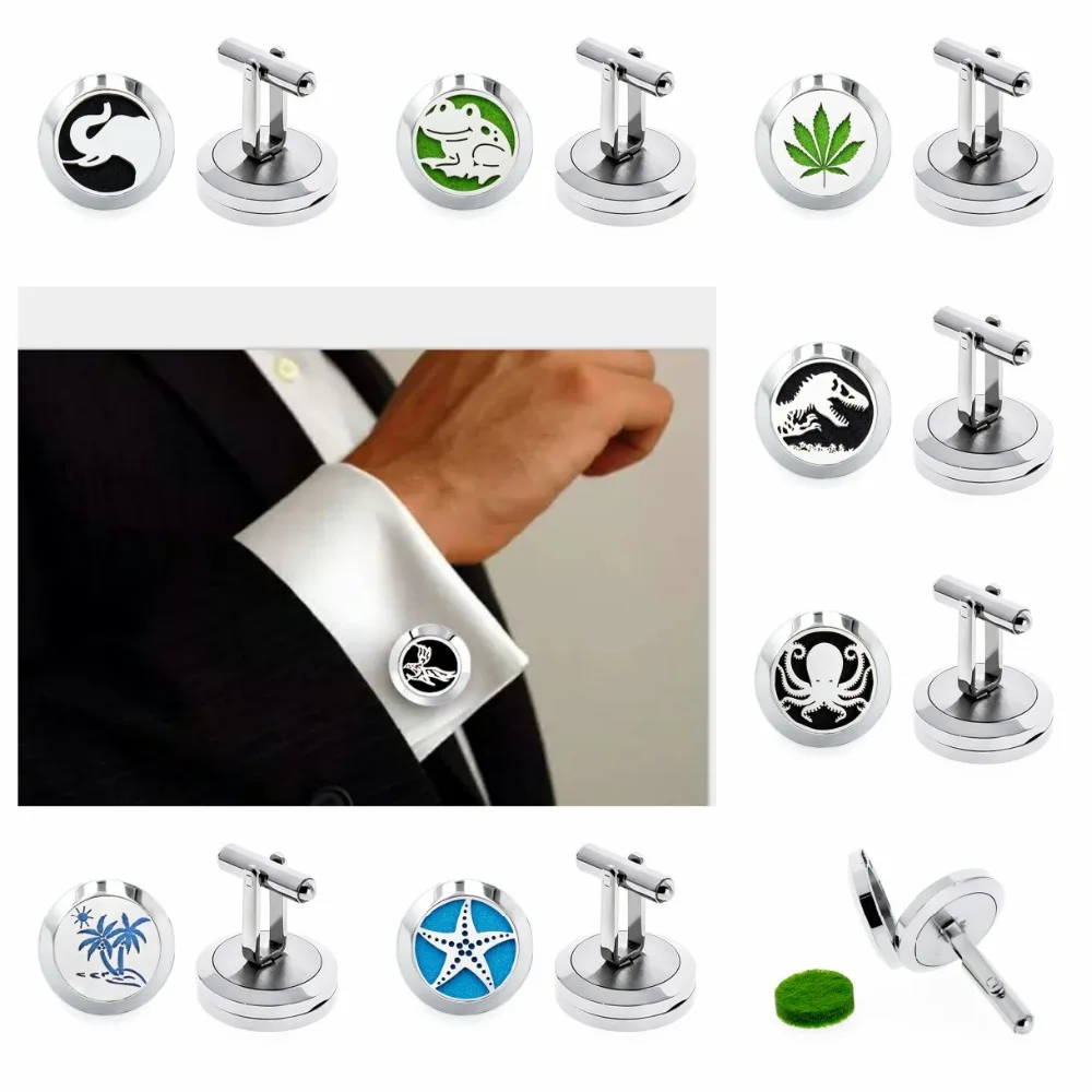 

1pair Cufflink octopus starfish Elephant 20mm essential oil Diffuser locket perfume Cuff Link 316L stainless steel 20pad as gift