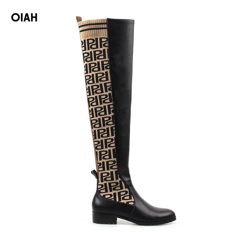 Goede Vrouwen Hoge Laarzen Winter Mode Wees Teen Breien PU Vierkante Hak Lage Hak Over de Knie Mode Laarzen winter Laarzen