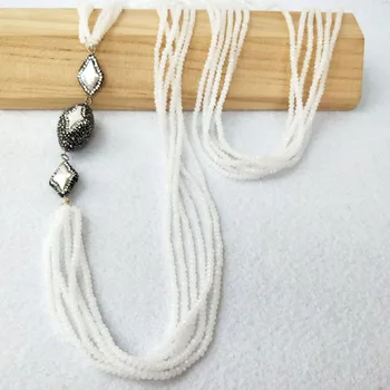 

3 Strands Bohemia style white artificial crystal beads with rhombus pearl beads newly 6 rows long necklace for Women NK352