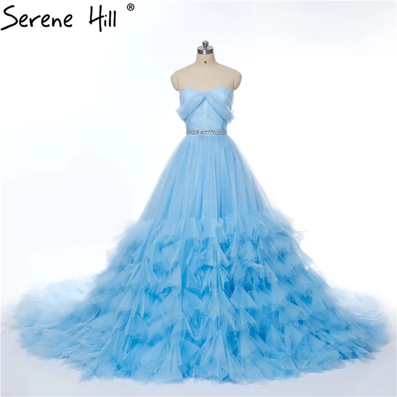 

Simple Sweetheart Ruffles Blue Evening Dresses 2019 Crystal Sash Real Picture Arabic Robe De Soiree Party Gown BHA2038