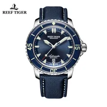 Reef Tiger/RT Super Luminous Dive Watches Mens Blue Dial Analog Automatic Watches Nylon Strap RGA3035