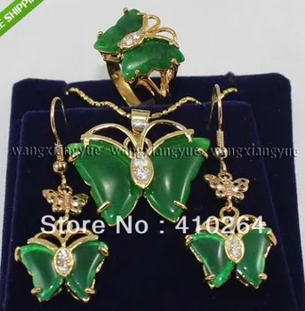 

$wholesale_jewelry_wig$ Free Shipping Inlay Green Ring earrings Necklace Pendant Set
